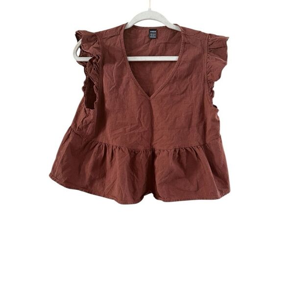 Shein Brown Blouse Ruffle Sleeves Hem Medium - Picture 2 of 9